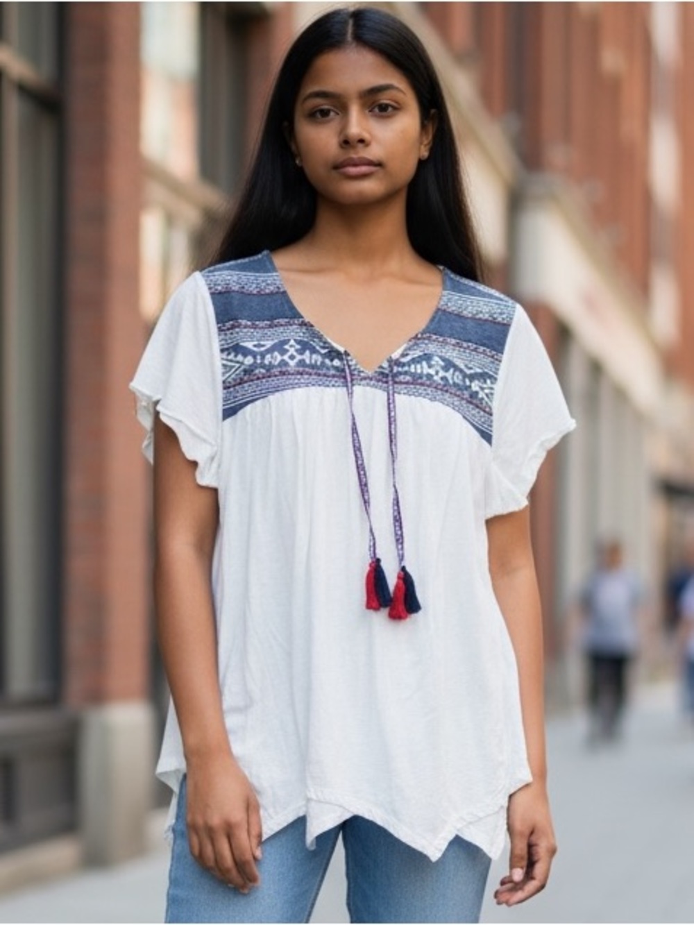 Style & Co. White Tunic with Navy Aztec Yoke and Red Tassels